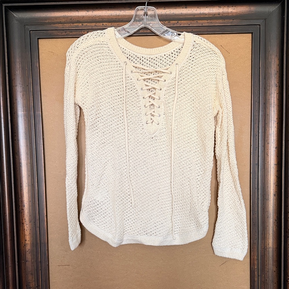 Urban Outfitter Kimchi Blue Ivory Open Knit Lace up Vneck Sweater